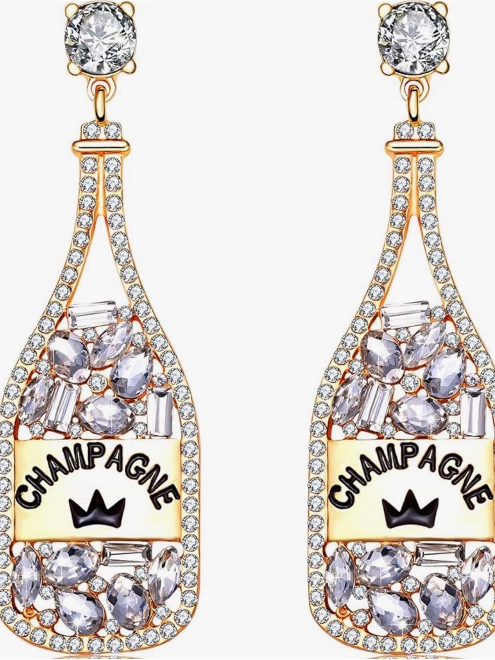 Crystal Champagne Bottle Drop Earrings - Gold Tone